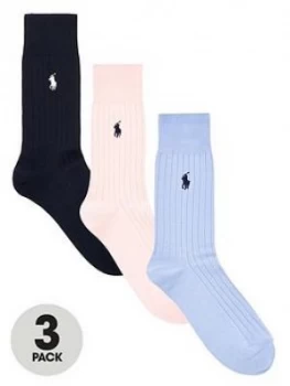 Polo Ralph Lauren 3 Pack Egyptian Cotton Ribbed Socks - Navy/Pink/Blue, Size 39-42, Men