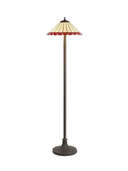 2 Light Stepped Design Floor Lamp E27 With 40cm Tiffany Shade, Red, Crystal, Aged Antique Brass