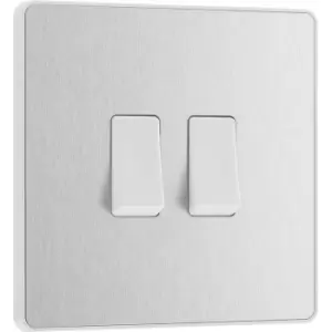 BG Evolve Brushed Steel (White Ins) Double Light Switch, 20A 16Ax, 2 Way in Silver