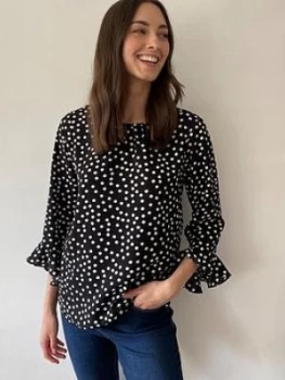 Wallis Spot Frill Sleeve Blouse - Black, Size 12, Women