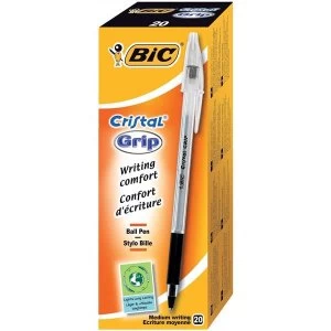 Bic Cristal Grip Clear Barrel Ballpoint Pen 1.0mm Tip 0.4mm Line Black Pack of 20