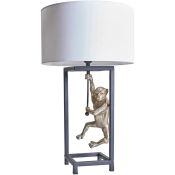 Antique Brass Hanging Monkey Cubed Table Lamp with Lampshade - White