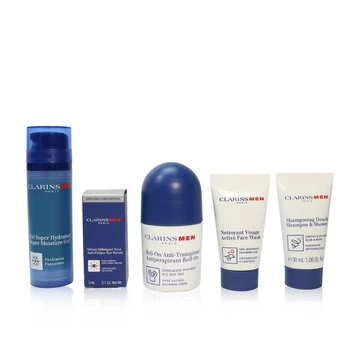 ClarinsMen Grooming Essentials For Men Travel Exclusive Kit: Moisture Gel 50ml + Face Wash 30ml + Eye Serum 3ml + Antiperspirant Roll-On 50ml + Shampo