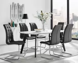 Andria Marble Effect Dining Table With Black Legs & 6 Murano Faux Leather Chairs