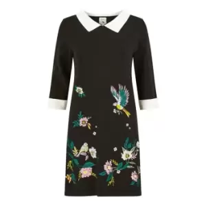 Yumi Bird and Floral Embroidered Dress - Black