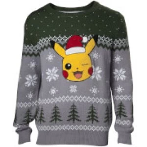 Pokemon Pikachu Application Christmas Knitted Jumper - Green - XL