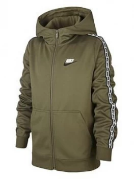 Boys, Nike Sportswear Full Zip Taped Hoodie - Green/White, Green/White, Size L, 12-13 Years