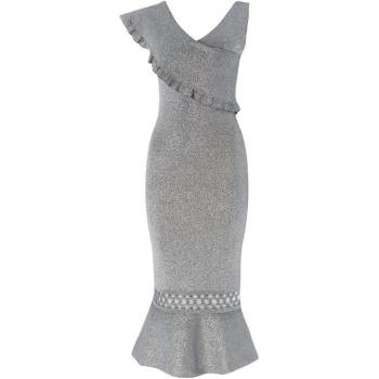 Issa London Rachel Ruffle Silver Knitted Silver Dress - Silver