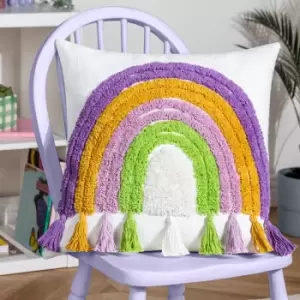 Rainbow Tassels Cotton Tufted Cushion Multicolour, Multicolour / 45 x 45cm / Polyester Filled