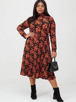 Oasis Curve Shadow Print Pleated Crepe Midi Dress - Multi/Black, Multi Black, Size XL, Women