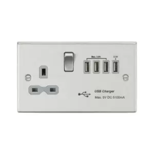 Knightsbridge - 13A switched socket with quad usb charger (5.1A) - brushed chrome with grey insert