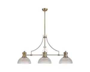 3 Light Telescopic Ceiling Pendant E27 With 30cm Prismatic Glass Shade, Antique Brass, Clear