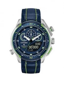 Citizen Eco-Drive Promaster Black And Green Detail Chronograph Dial Green Stiched Black Leather Strap Mens Watch