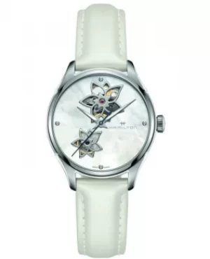 Hamilton Jazzmaster Open Heart Mother of Pearl Dial White Leather Strap Womens Watch H32115892 H32115892