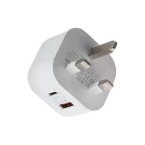 Maplin 2 Port USB-C and USB-A UK Wall Charger Quick Charge 3 Power Delivery up to 20W- White