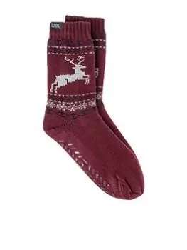 Totes One Pack Fair Isle Stag Slipper Sox With Sherpa Lining - Burgundy