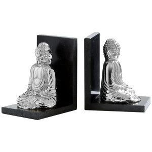 Premier Housewares Buddha Set of 2 Bookends in Silver Nickel Finish with Black Marble Bases