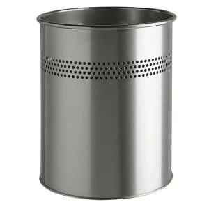 Durable 15 Litre Metal Round Waste Basket with 30mm Decorative Perforated Ring Silver