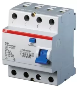 ABB 4 Pole Type A Residual Current Circuit Breaker, 63A F204, 30mA