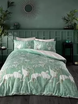 Bianca Fine Linens Painted Storks 100% Cotton Reversible Duvet Cover Set - Green/Natural