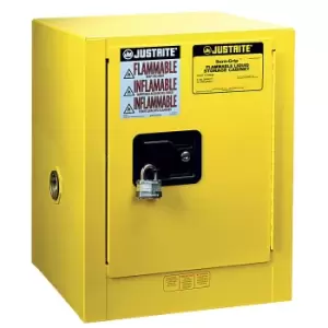 Justrite Small FM safety cupboard, table top cupboard, single door, manual doors, yellow