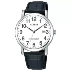 Mens Easy Reader Silver Case Black Leather Strap Watch