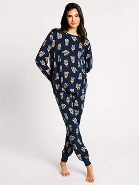 CHELSEA PEERS Long Crew Cockapoo Printed Pyjama Set - Navy, Size S, Women