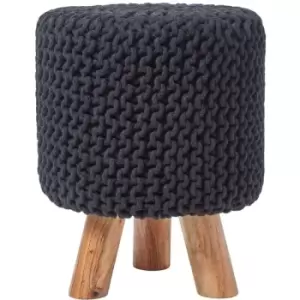 Black Tall Cotton Knitted Footstool on Legs - Black - Homescapes