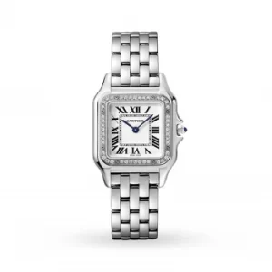 Panthre De Cartier Watch Medium Model, Quartz Movement, Steel, Diamonds