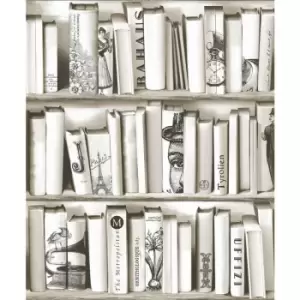 Cream Beige Bookcase Wallpaper Library French Vintage Encyclopedia Retro Muriva
