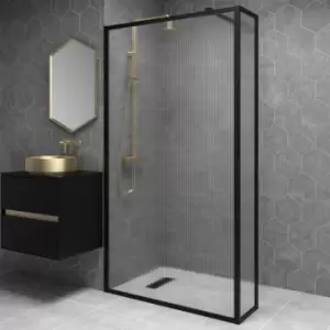 Black 1100mm Fluted Glass Wet Room Shower Screen with Wall Support Bar & Return Panel - Volan