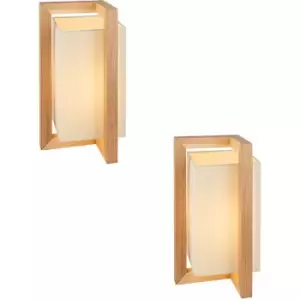 2 pack Ashwood Framed Table Lamp & Ivory Fabric Shade - Wooden Side Desk Light