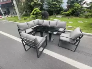 Aluminum Outdoor Garden Furniture Corner Sofa Chair Adjustable Rising Lifting Dining Table Sets Black Tempered Glass Dark Grey 8 Seater