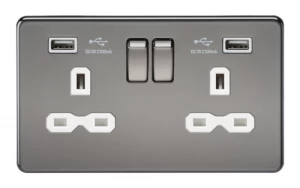 KnightsBridge 13A 2G Screwless Black Nickel 2G Switched Socket with Dual 5V USB Charger Ports - White Insert