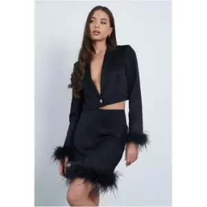 I Saw It First Faux Feather Trim Cropped Blazer With Shoulder Pads - Black