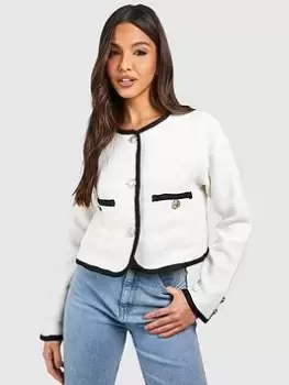 Boohoo Boucle Contrast Detail Jacket - Cream, Size 14, Women