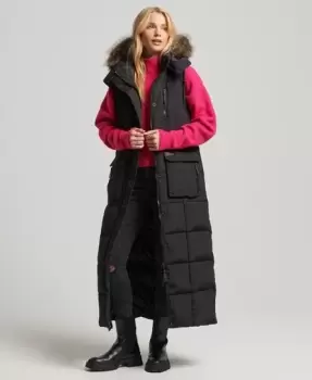 Superdry Womens Hooded Faux Fur Longline Puffer Gilet Black - Size: 16