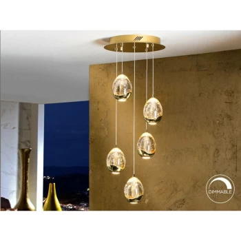 Schuller Roc - Integrated LED 5 Light Crystal Cluster Drop Ceiling Pendant Gold Bubble Effect