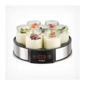 VonShef Digital Yoghurt Maker with 7 Jars - Electric, Compact, Stainless Steel Machine with LED Display & Timer, 180ml Glass Containers / Yoghurt