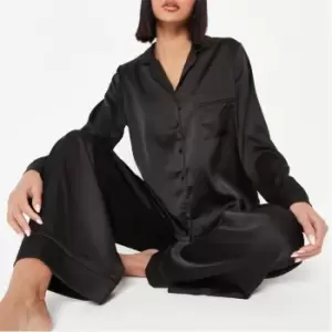 Missguided Satin Long Sleeve Shirt and Wide Leg Bottoms Pyjama Set - Black