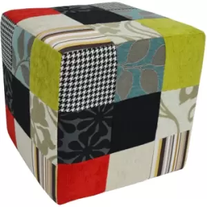 Watsons - plush patchwork - Cube Stool / Pouffe - Blue / Green / Red - Black / White / Blue / Red / Green