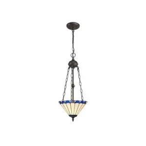 2 Light Uplighter Ceiling Pendant E27 With 30cm Tiffany Shade, Blue, Crystal, Aged Antique Brass