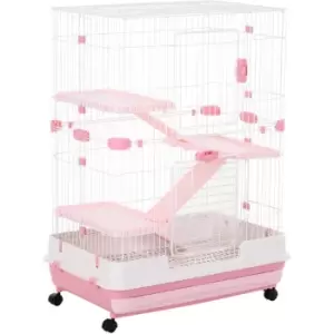 Pawhut - 4-Level Small Animal Cage, Indoor Bunny House, for Ferrets w/ Wheels Pink - Pink