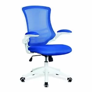 Nautilus Designs Ltd. Designer Medium Back Mesh Chair with White Shell and Folding Arms Blue