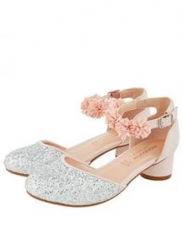 Monsoon Becky Glitter Corsage Shoes - Pale Pink, Size 4 Older
