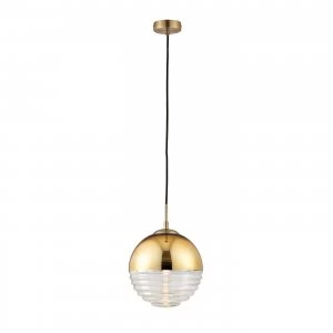 1 Light Globe Ceiling Pendant Clear Ribbed Glass, Gold Effect, E14