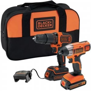 Black and Decker BCK25S2S 18v Cordless Combi Drill and Impact Driver Kit 2 x 1.5ah Li-ion Charger Bag