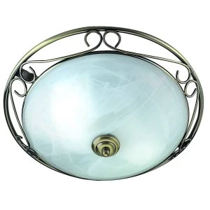 Flush Ceiling 2 Light Antique Brass with Marble Glass Diffuser, E14