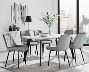 Andria White Marble Effect & Black Leg 6 Seater Dining Table and 6 Pesaro Soft Velvet Chairs