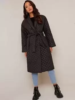 Chi Chi London Diamond Quilted Longline Belted Coat - Black, Size 10, Women